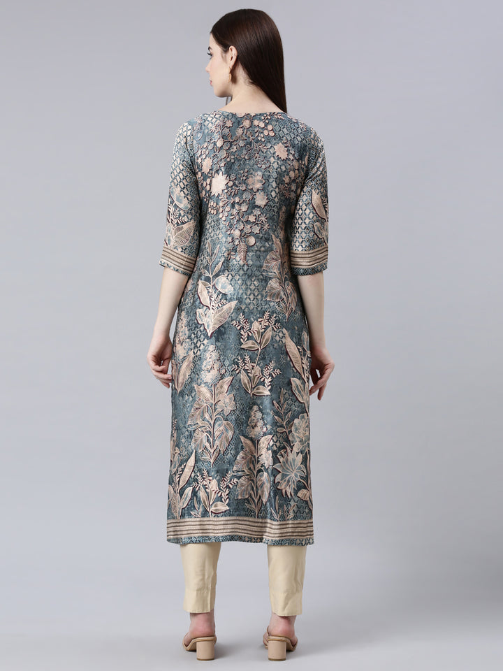Neerus Green Straight Casual Floral Straight Kurtas