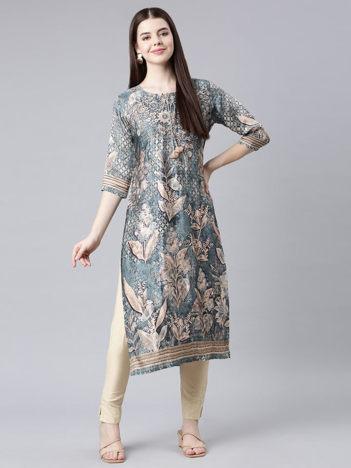 Neerus Green Straight Casual Floral Straight Kurtas