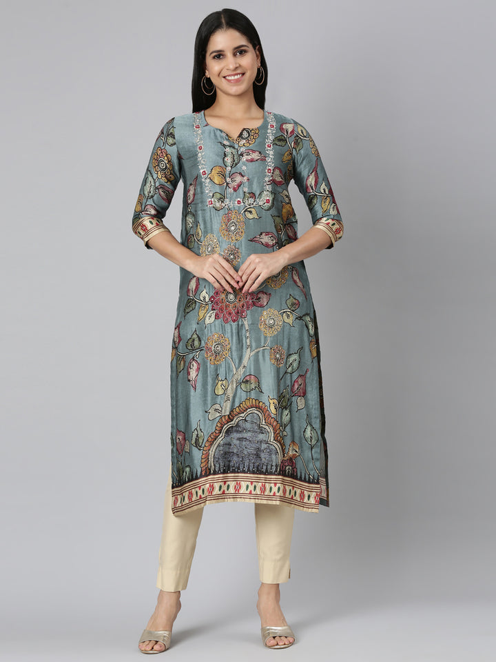Neerus Blue Straight Casual Floral Straight Kurtas
