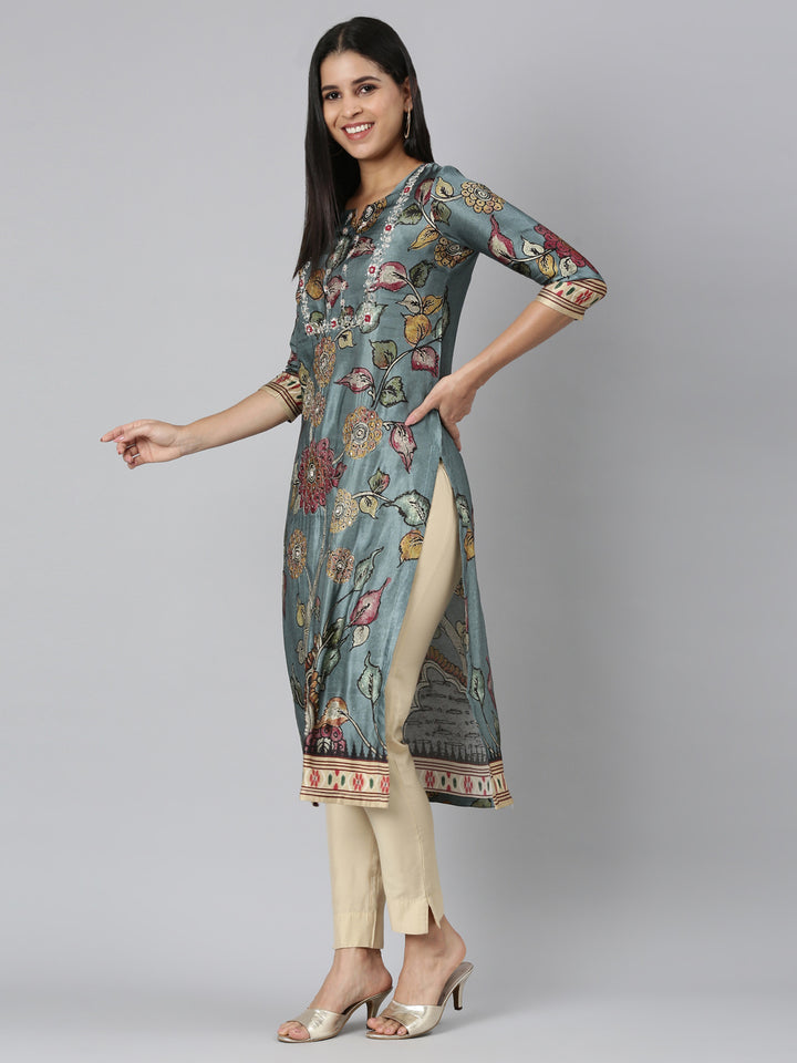 Neerus Blue Straight Casual Floral Straight Kurtas