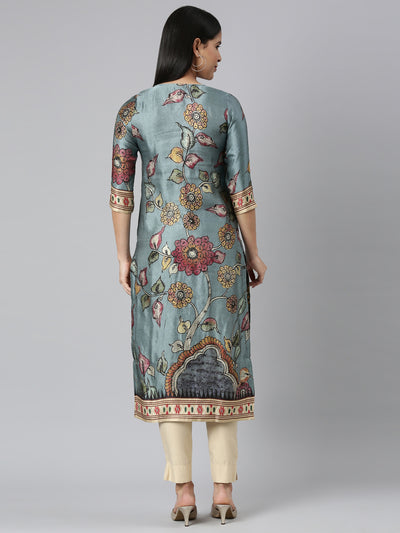 Neerus Blue Straight Casual Floral Straight Kurtas