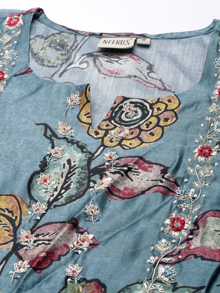 Neerus Blue Straight Casual Floral Straight Kurtas