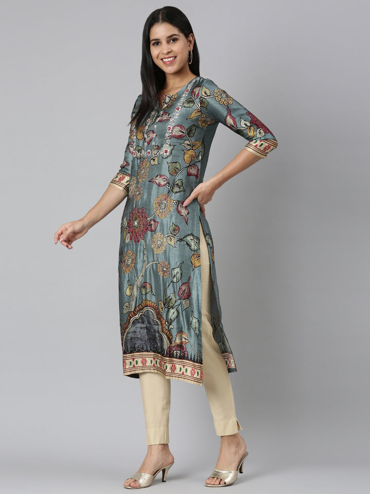 Neerus Blue Straight Casual Floral Straight Kurtas