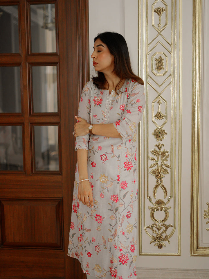 Neerus Grey Casual Floral Printed Kurta and Trouser