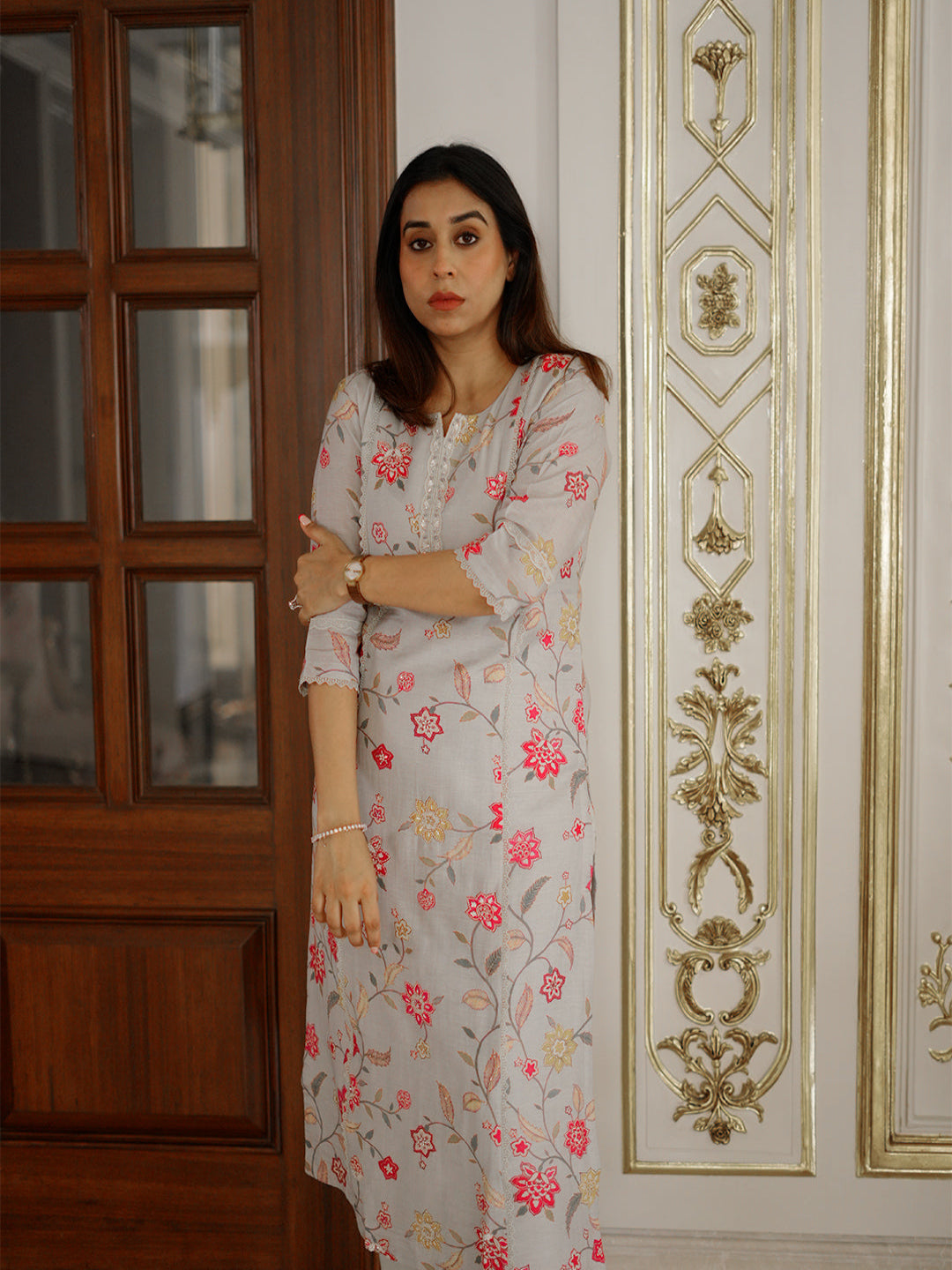 Neerus Grey Casual Floral Printed Kurta and Trouser