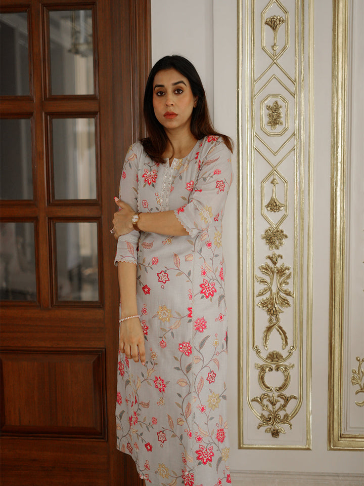 Neerus Grey Casual Floral Printed Kurta and Trouser