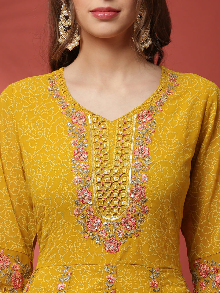 Mustard three piece georgette suit set with floral embroidery
