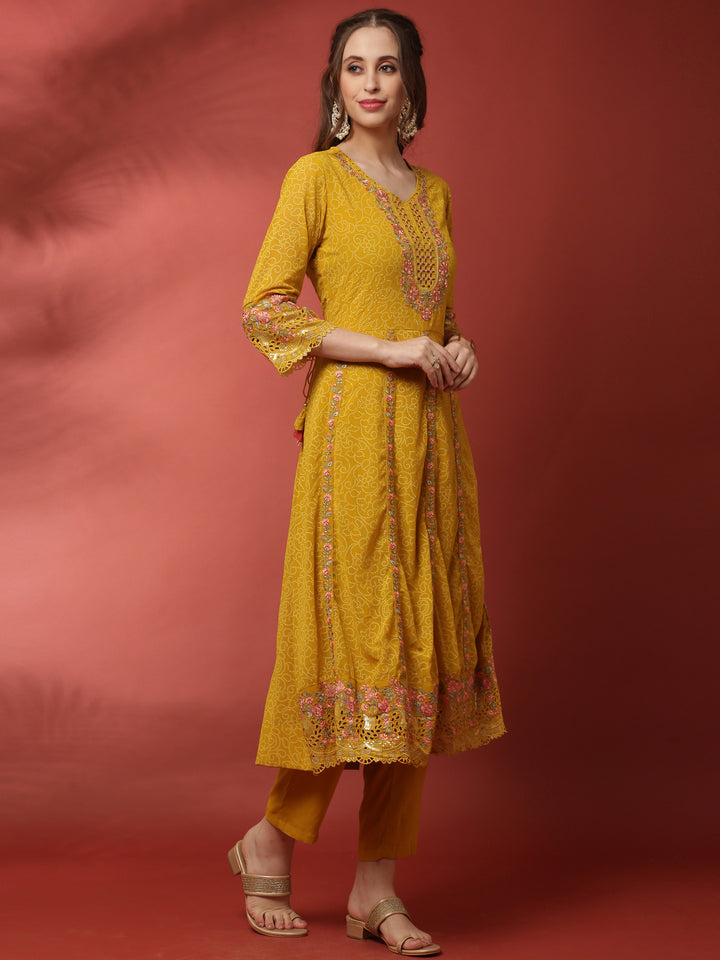Mustard three piece georgette suit set with floral embroidery
