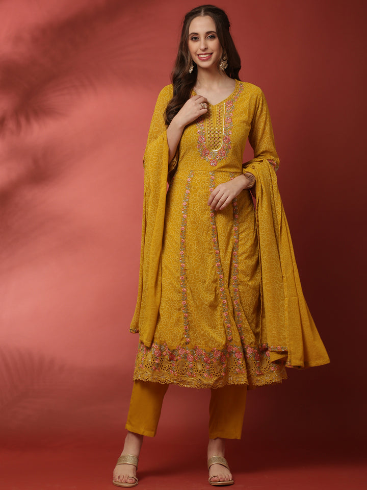 Mustard three piece georgette suit set with floral embroidery