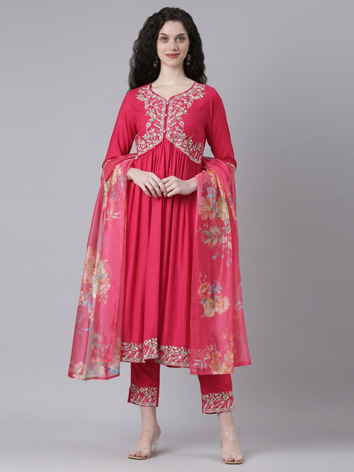 Neerus Pink Embroidered Straight Kurta and Trousers With Dupatta