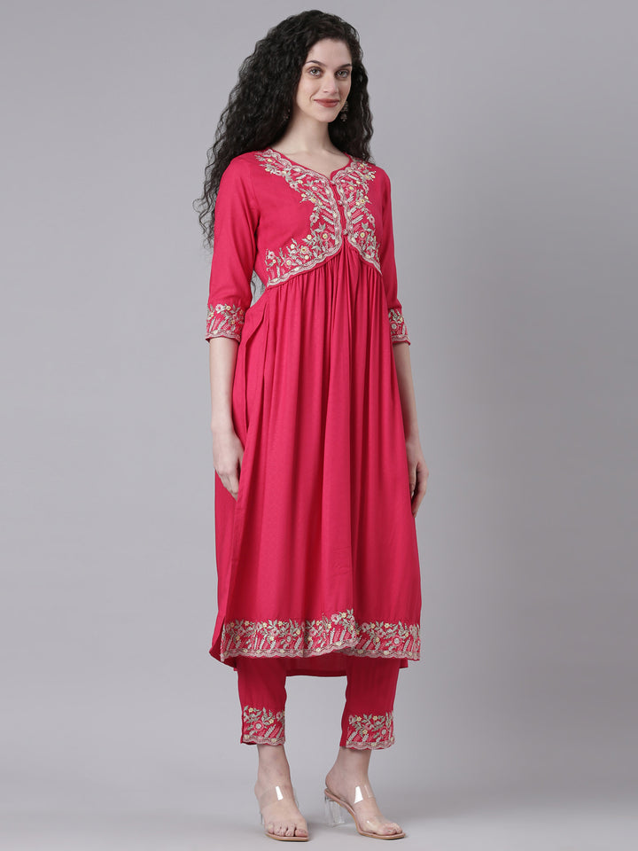 Neerus Pink Embroidered Straight Kurta and Trousers With Dupatta