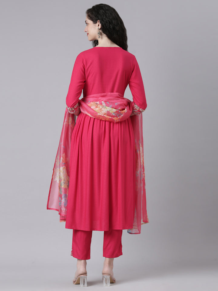 Neerus Pink Embroidered Straight Kurta and Trousers With Dupatta