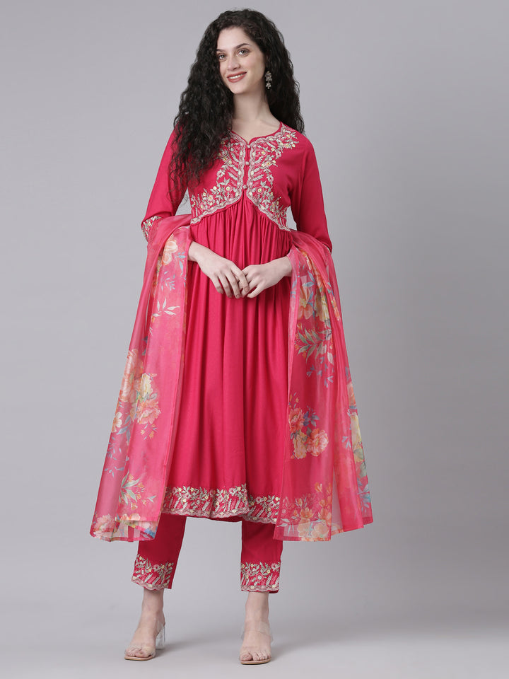 Neerus Pink Embroidered Straight Kurta and Trousers With Dupatta
