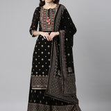 Neerus Black Casual Floral Straight Kurta and Palazzos With Dupatta