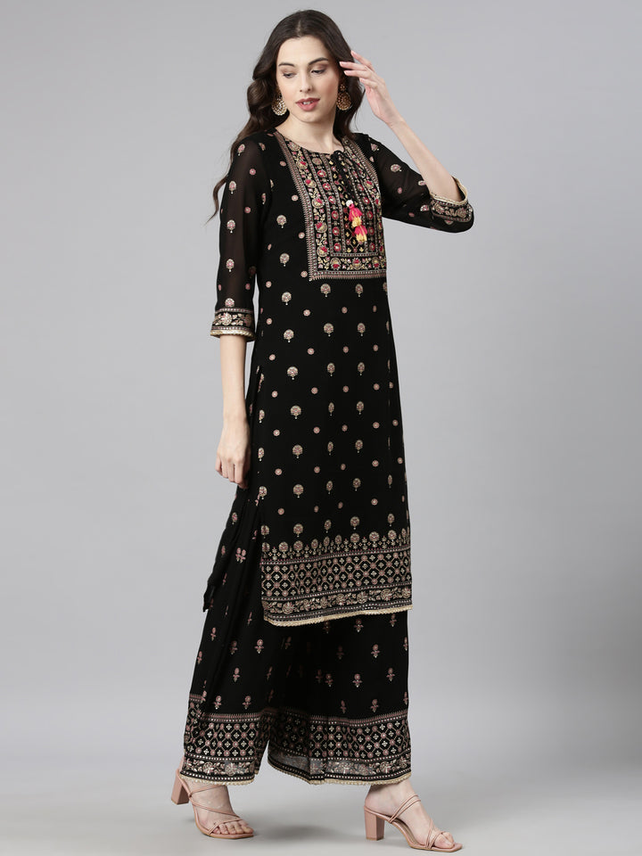 Neerus Black Casual Floral Straight Kurta and Palazzos With Dupatta