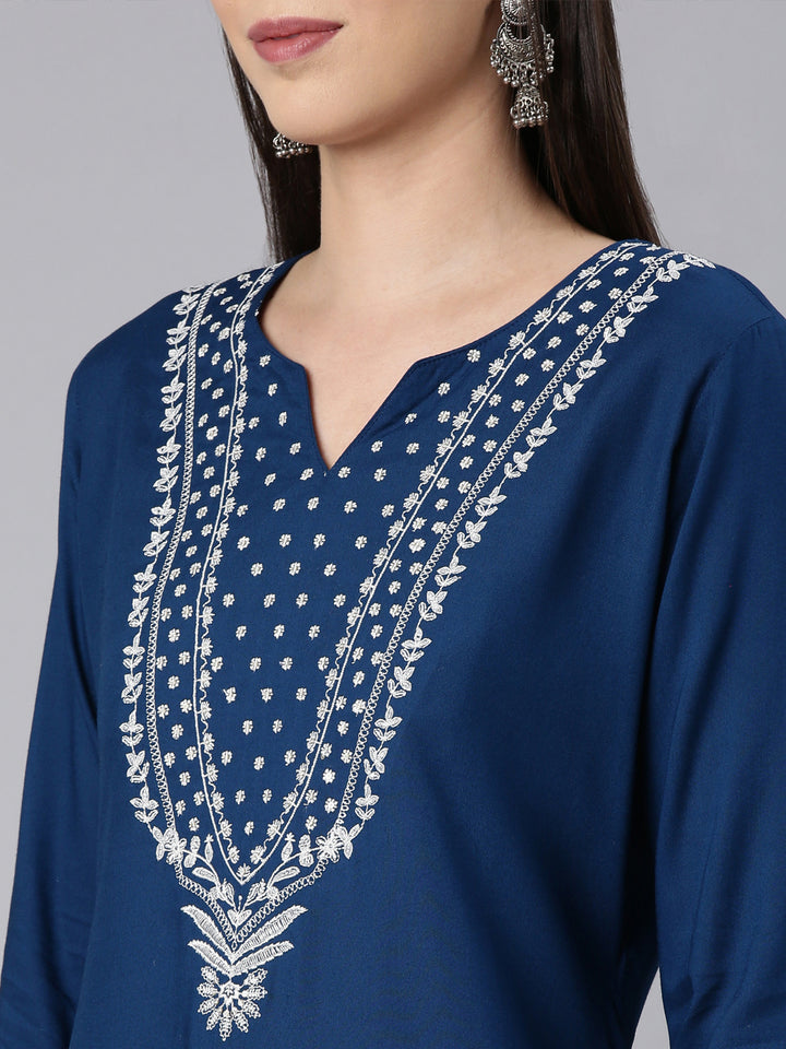 Neerus Blue rayon solid straight kurti - detail view 2