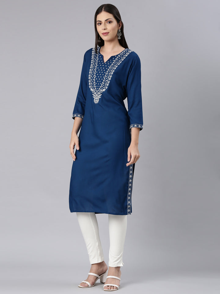 Neerus Blue rayon solid straight kurti - back view