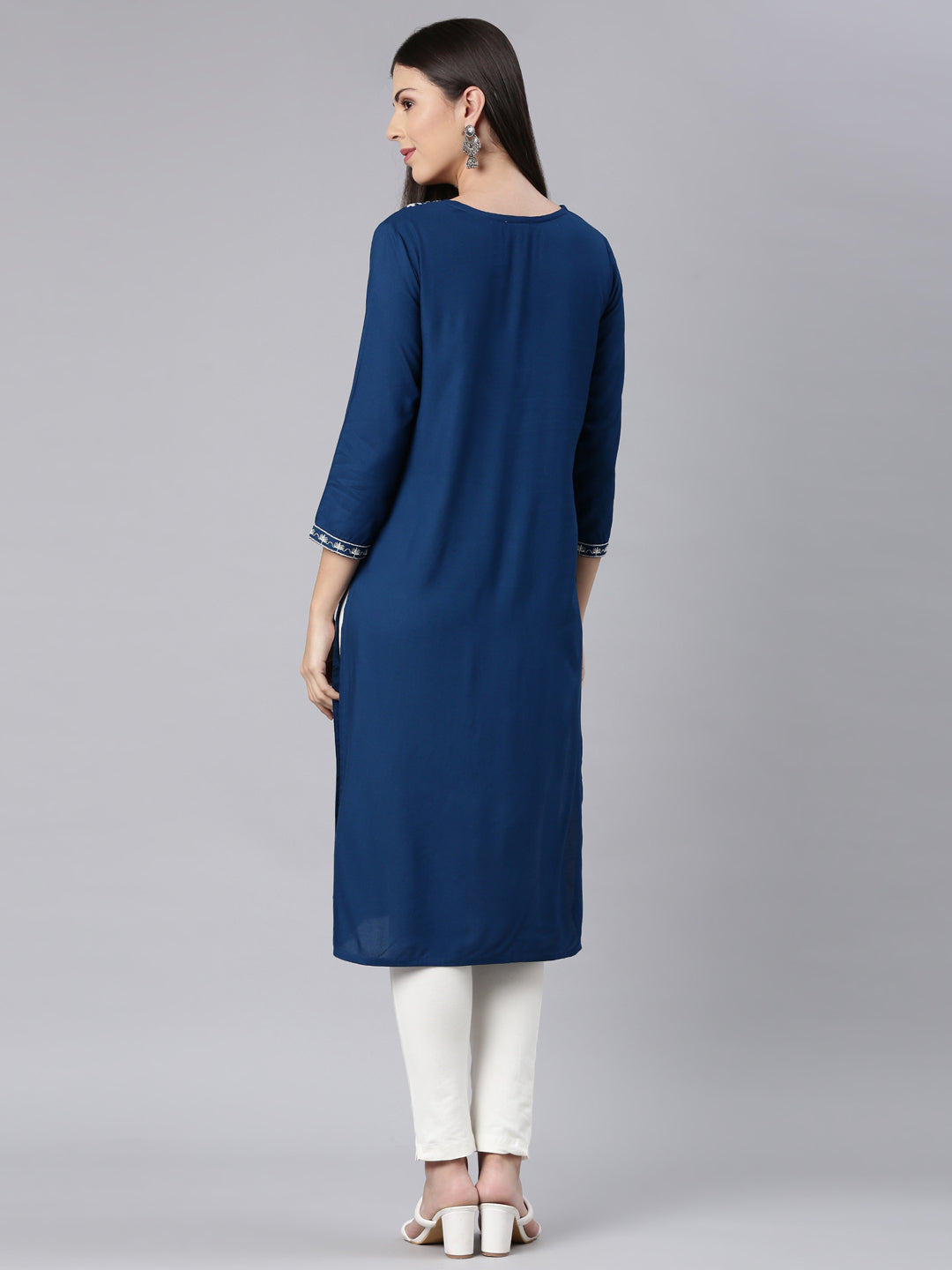 Neerus Blue rayon solid straight kurti - detail view 1