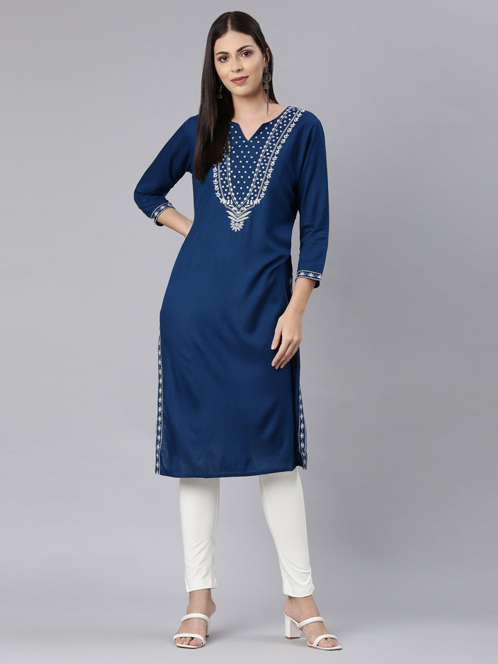 Neerus Blue rayon solid straight kurti - detail view 3