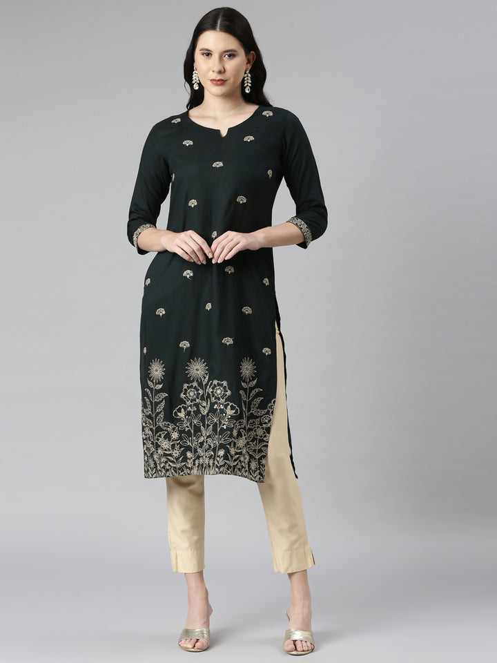Neerus Green Casual Solid Straight Kurtas