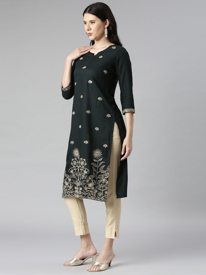 Neerus Green Casual Solid Straight Kurtas