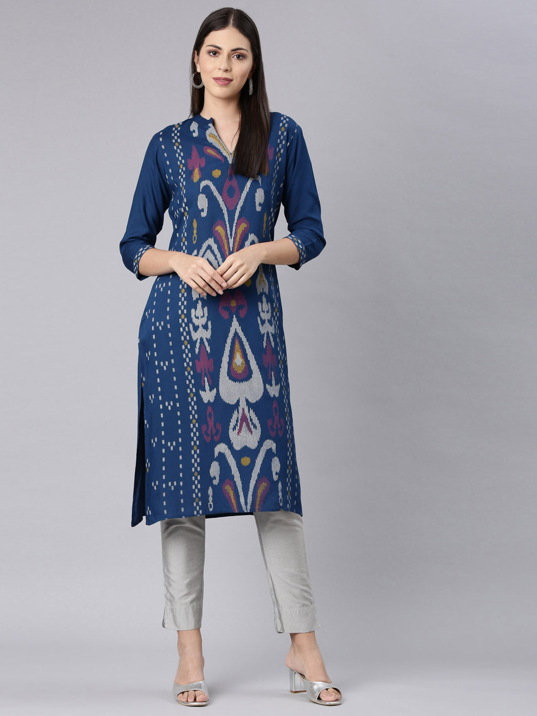 Neerus Blue rayon printed straight kurta - front view
