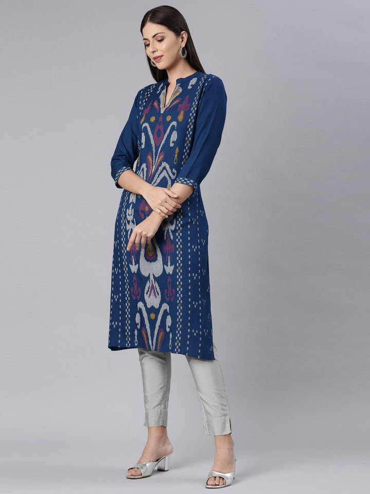 Neerus Blue rayon printed straight kurta - back view