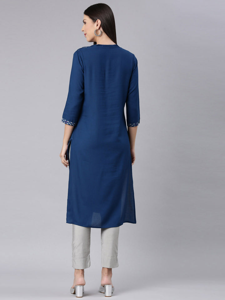 Neerus Blue rayon printed straight kurta - detail view 1
