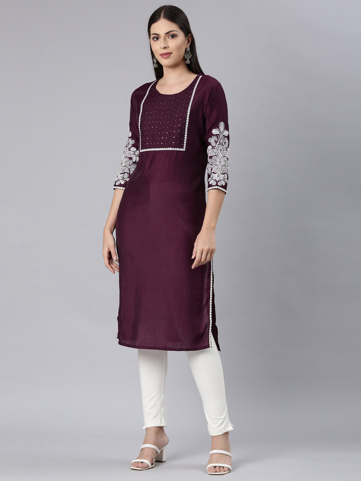 Neerus Purple Straight Casual Solid Straight Kurtas