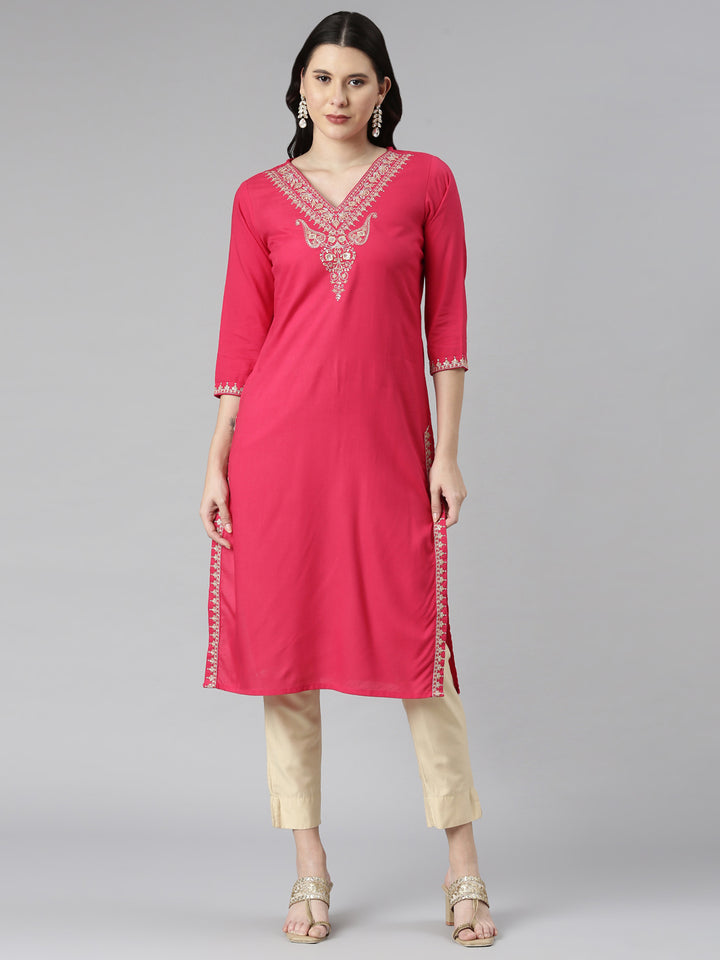Neerus Pink Casual Solid Straight Kurtas