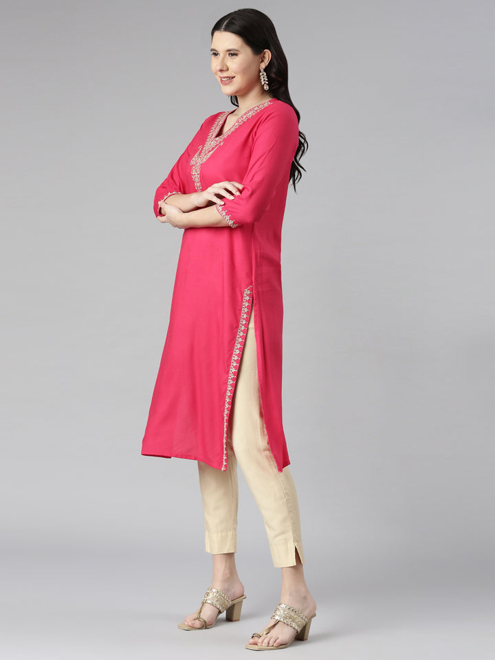 Neerus Pink Casual Solid Straight Kurtas