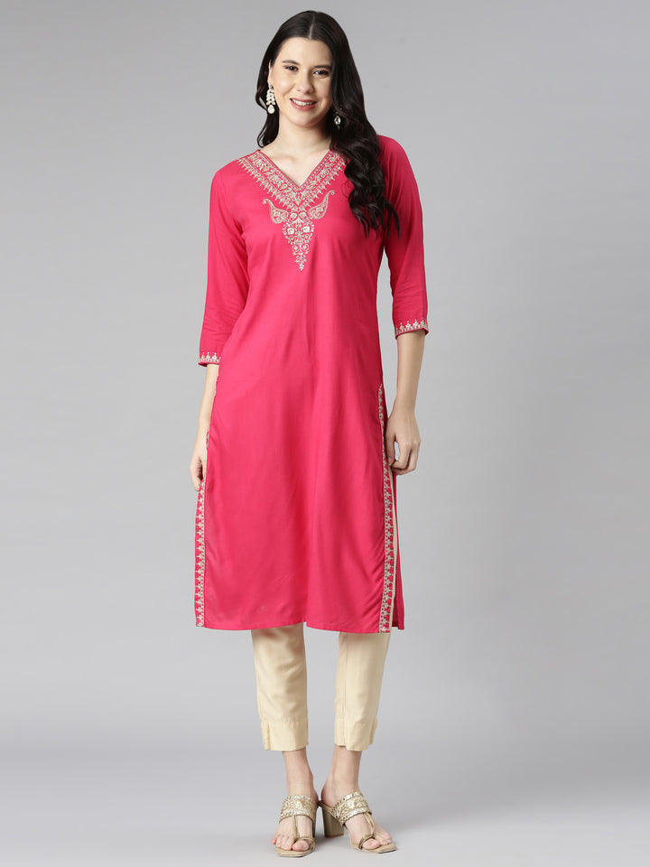 Neerus Pink Casual Solid Straight Kurtas