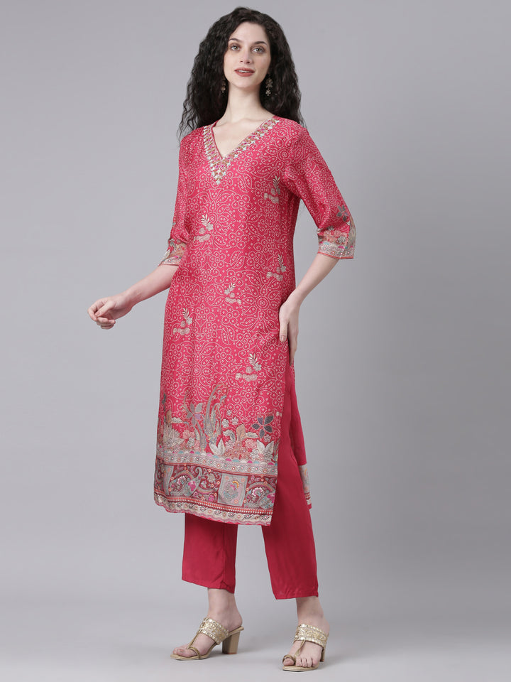 Neerus Pink Printed Straight Kurta and Trousers With Dupatta