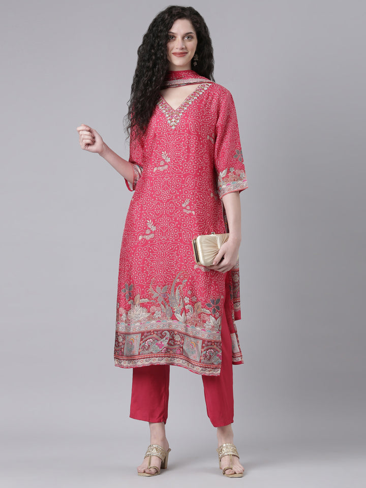 Neerus Pink Printed Straight Kurta and Trousers With Dupatta