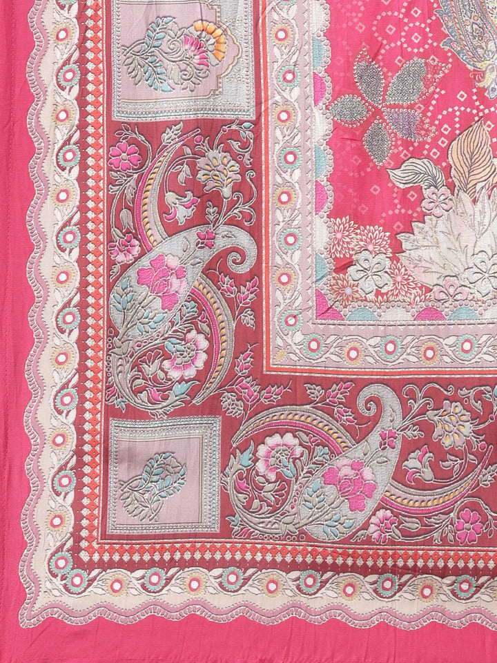 Neerus Pink Printed Straight Kurta and Trousers With Dupatta