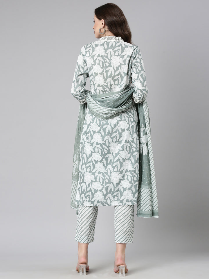 Neerus Green Printed Straight Kurta and Trousers With Dupatta