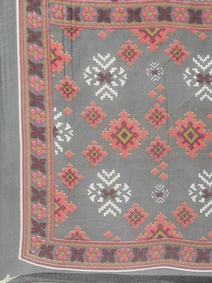 Neerus Grey Printed Straight Kurta and Trousers With Dupatta