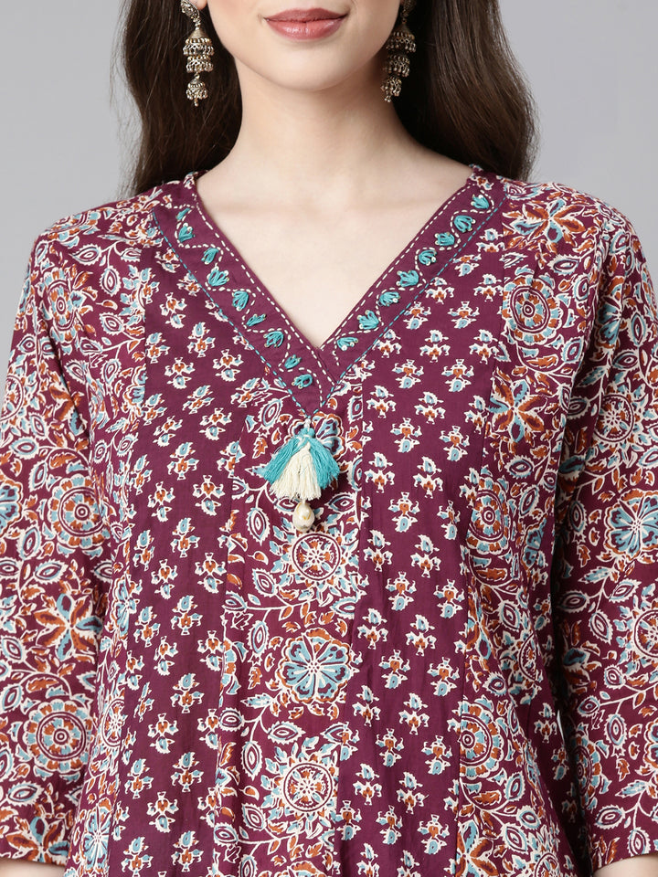 Neerus Maroon Printed Straight Kurta and Trousers With Dupatta