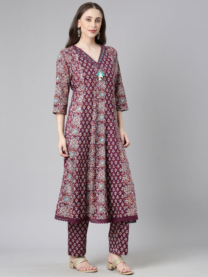 Neerus Maroon Printed Straight Kurta and Trousers With Dupatta
