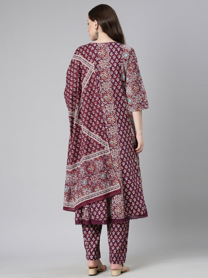 Neerus Maroon Printed Straight Kurta and Trousers With Dupatta