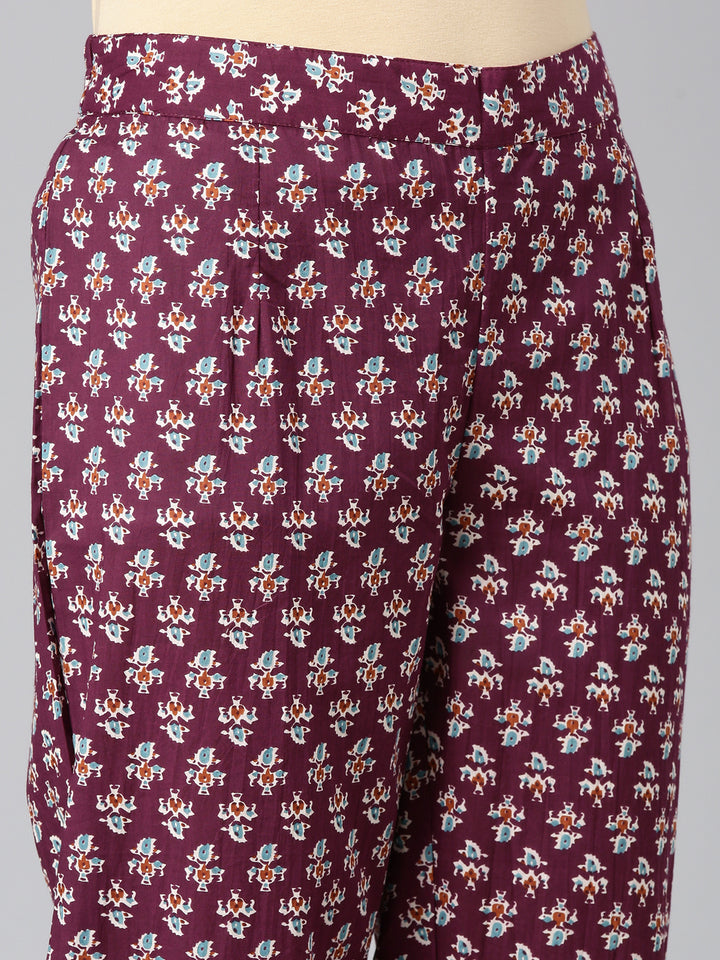 Neerus Maroon Printed Straight Kurta and Trousers With Dupatta
