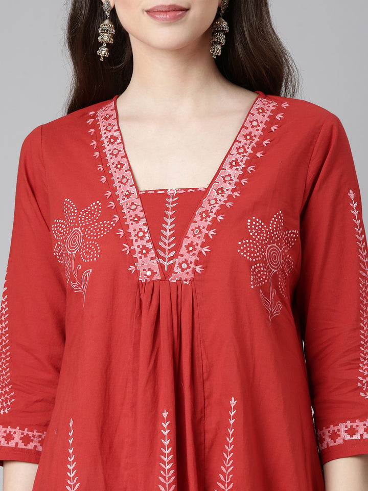 Neerus Red Printed A-Line Kurta and Trousers With Dupatta