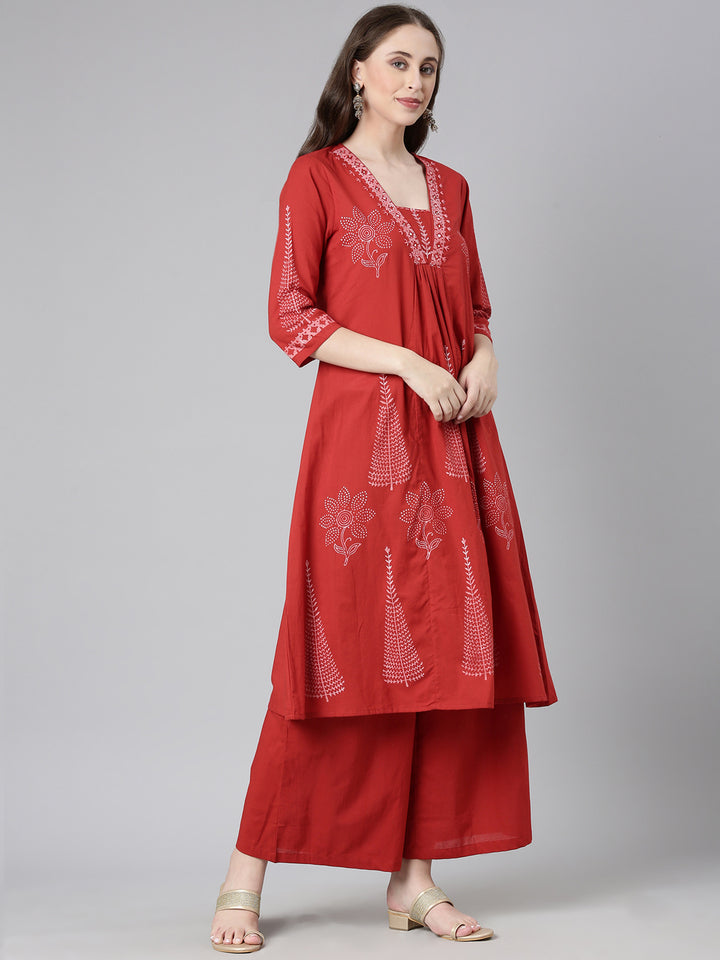 Neerus Red Printed A-Line Kurta and Trousers With Dupatta