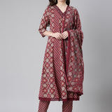 Neerus Maroon Printed Anarkali Kurta and Trousers With Dupatta