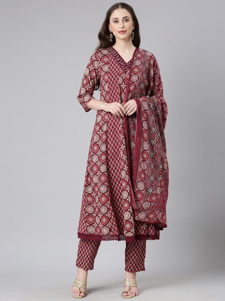 Neerus Maroon Printed Anarkali Kurta and Trousers With Dupatta