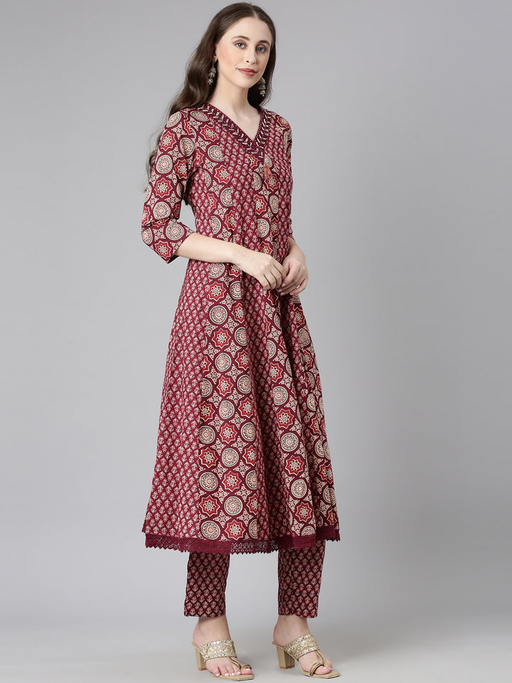 Neerus Maroon Printed Anarkali Kurta and Trousers With Dupatta