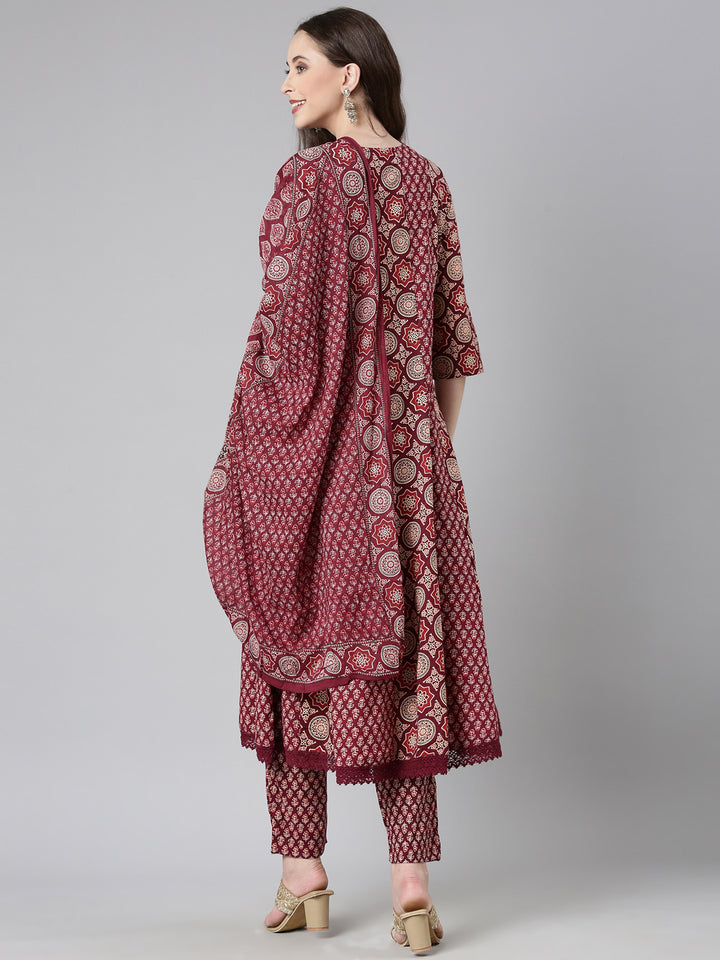 Neerus Maroon Printed Anarkali Kurta and Trousers With Dupatta