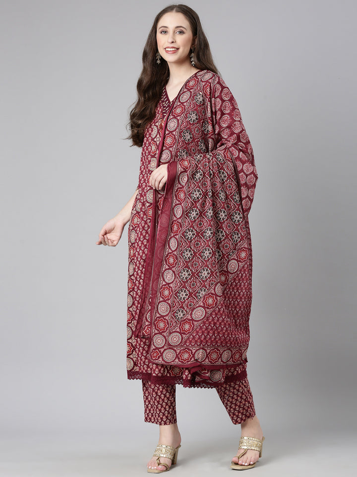 Neerus Maroon Printed Anarkali Kurta and Trousers With Dupatta