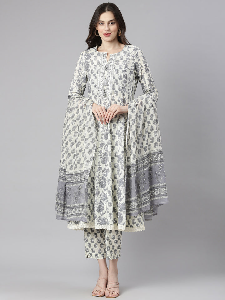 Neerus Cream Printed Anarkali Kurta and Trousers With Dupatta