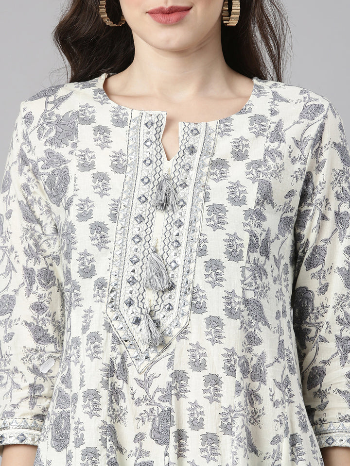 Neerus Cream Printed Anarkali Kurta and Trousers With Dupatta